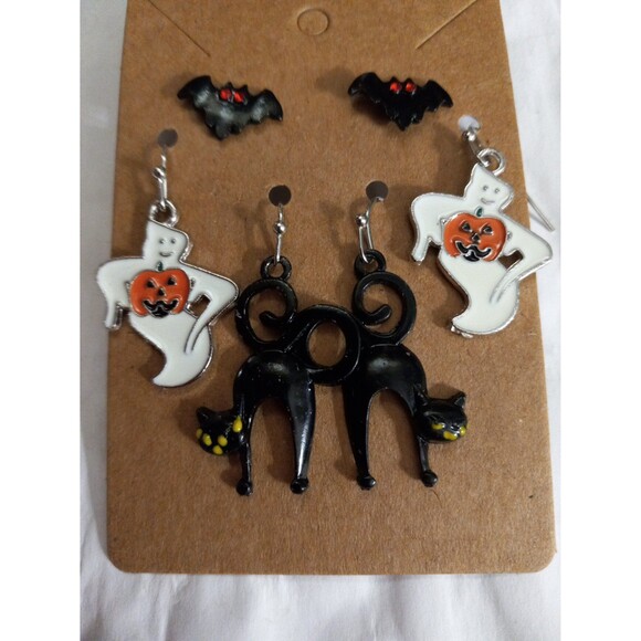 Halloween Earrings Set of 3 Bats Ghosts Black Cats - Picture 3 of 4